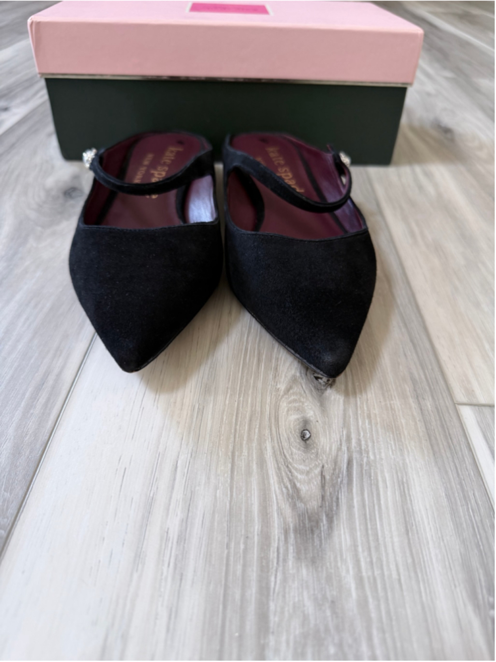 Kate Spade Meg Suede Mary Jane Flats Black Pointed Toe Crystal Size 9.5B K4994 - Picture 7 of 11